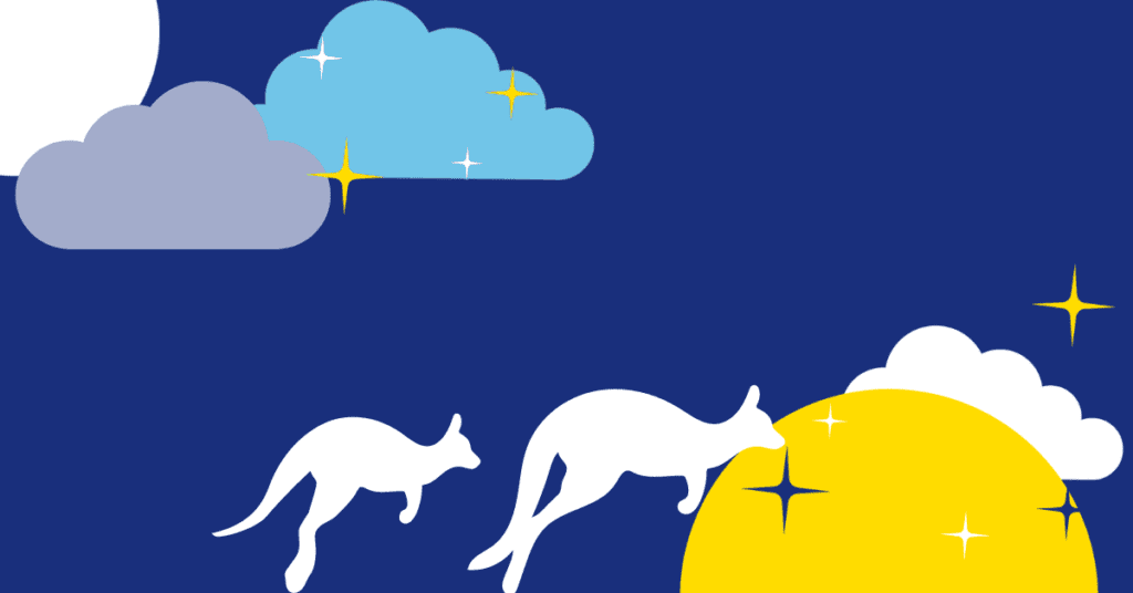 A dark blue background with outlines of kangaroos, a moon and clouds in one corner and a sunrise in the other.