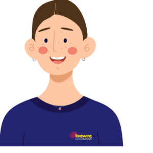 Cartoon image of Briony, who wears a navy blue Livewire tshirt and has her hair tied back. She is smiling. 