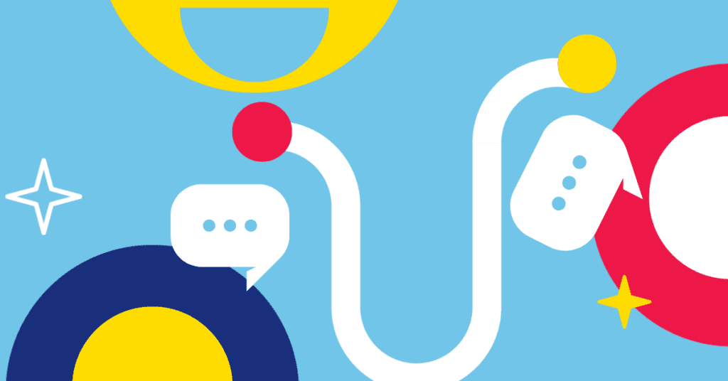 A mid-blue background. Two semicircles are at the bottom, with a chat box sticking out. This is repeated on the right side. There is a squiggly line connecting them both.