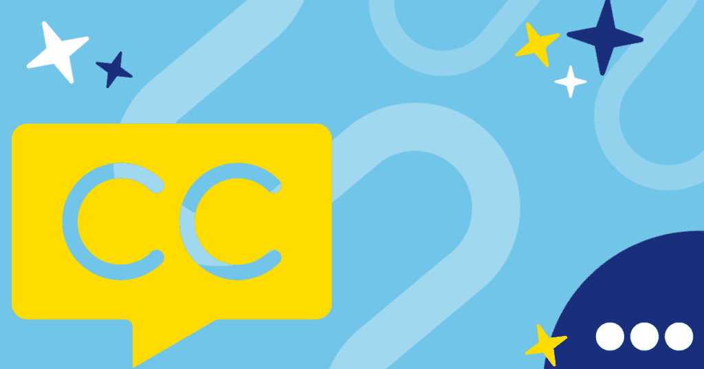 A mid-blue background with a yellow closed captions symbol on the left of the image, some coloured stars scattered, and some transparent squiggles in the background.