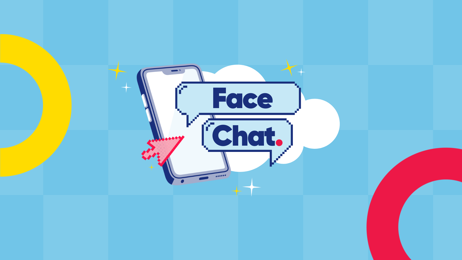 A tile with a blue checkered background, a phone and a cloud with the words "Face Chat" over the top of them in a message bubble.