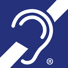 Internation symbol for deafness. Blue square with a white outline of an ear and a vertical white line