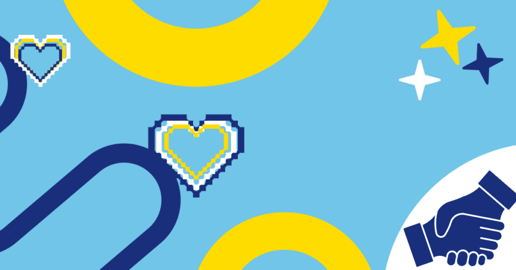 The Community Values and Guidelines banner. A mid-blue background with a handshake in the bottom left corner, some blue and yellow semicircles and some stars and hearts.