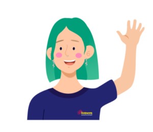 A cartoon image of LoriLW. She has green hair, a blue LW shirt, and silver earrings. She is smiling and waving.
