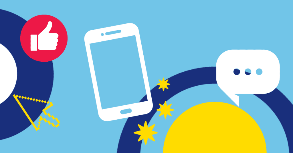 Social Media and Moderation Banner. A mid-blue background. There is a thumbs up, a smartphone outline and a chat box, as well as some coloured semi-circles