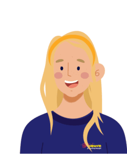 Image cartoon of HayleyLW.  She has blonde wavy hair, a blue LW shirt and glass. She is smiling.