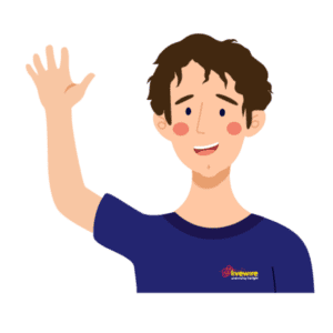 Image cartoon of JeremyLW.  He has brown hair and a blue LW shirt. He is smiling and waving.