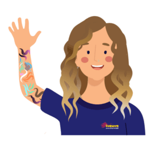 Image cartoon of MaddiLW.  She has Light brown hair, a blue LW shirt and tattoos on her arm. She is smiling and waving.