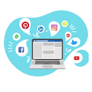 a laptop with a blue splotch behind it. Surrounding it are varios social media platform logos.
