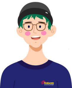 Cartoon image of ErixLW. They are wearing a navy Livewire shirt and a grey beanie. They have glasses, short green hair and are smiling.