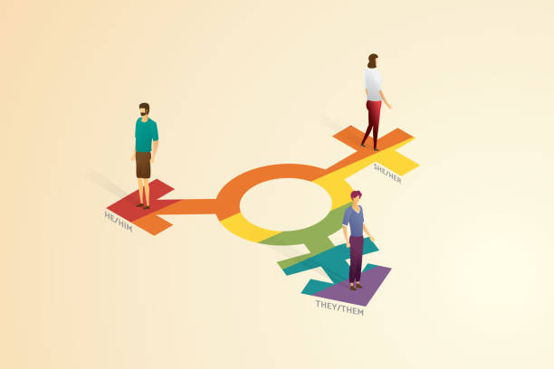 The universal symbol for gender is in the middle in rainbow. There are people on each end of it, with the words "she/her", "they/them" and "he/him" at each end.