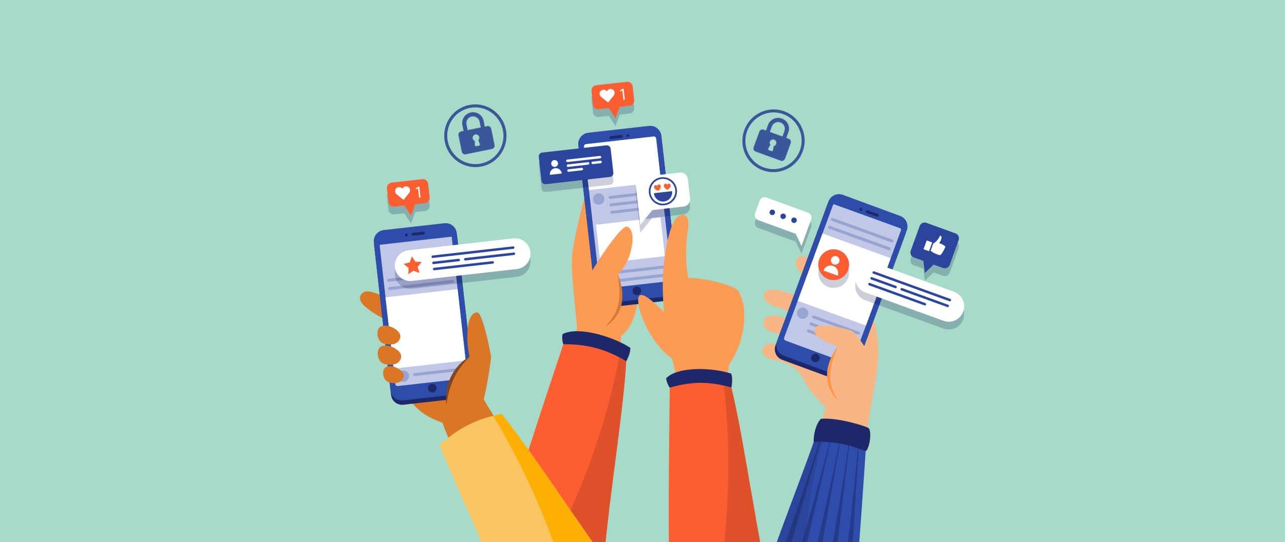 a green background, with three sets of arms holding a phone in the centre, with various social media icons coming out of the phones.