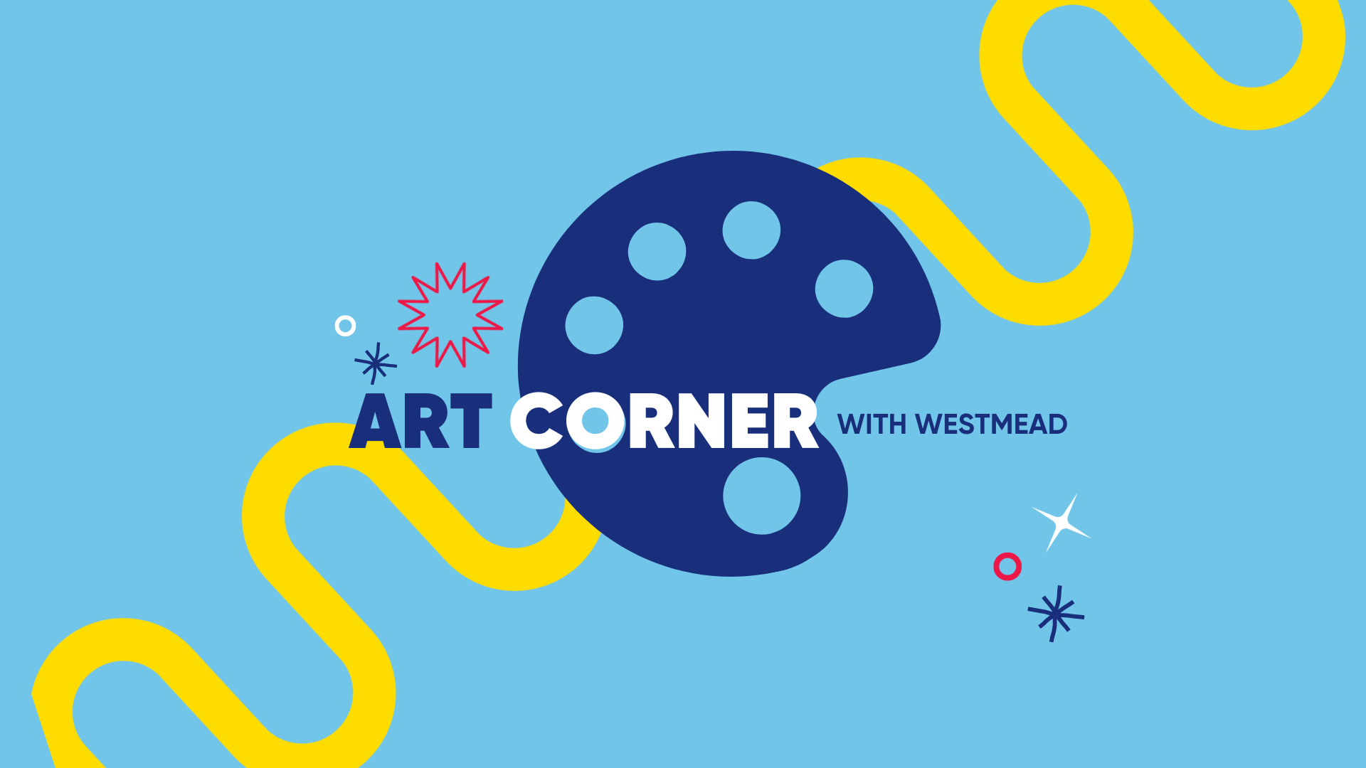 A tile that says Westie Art Corner. It isa light blue with a dark blue art pallete on it.