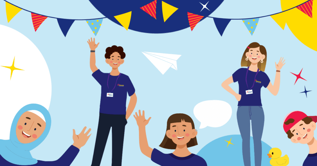A light blue backgrounf with different digital graphics of Livewire facilitators waving. There is also bunting at the top, stars and a paper aeroplane flying.