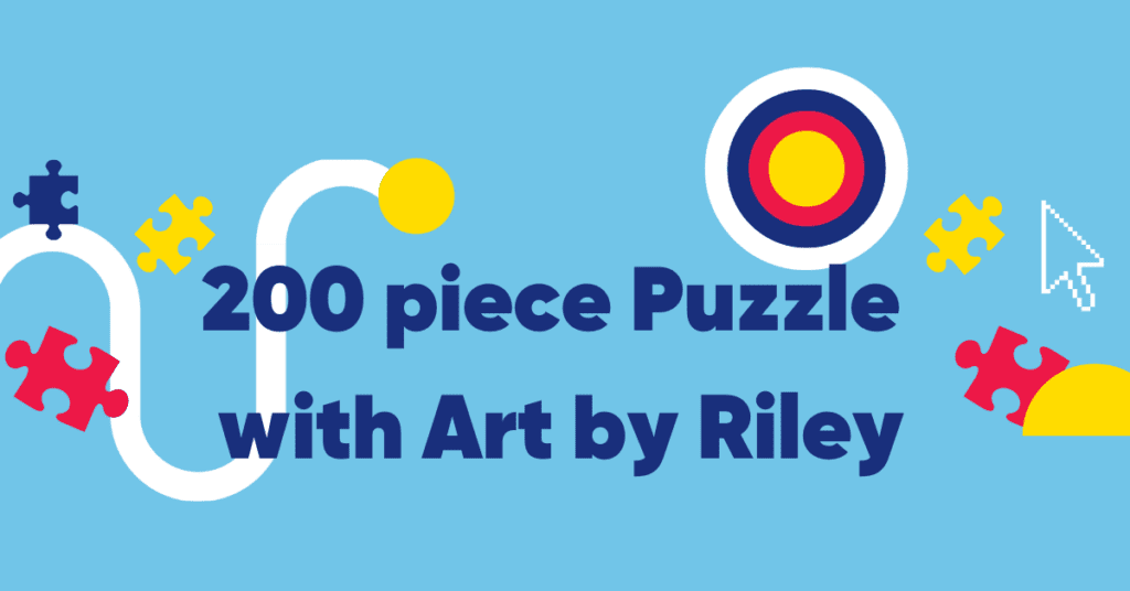 A blue banner that says "200 Piece Puzzle with Art by Riley"