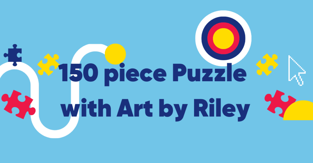 A blue banner that says "150 Piece Puzzle with Art by Riley"