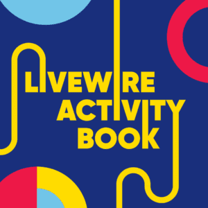 Blue tile with the words Livewire Activity Book in yellow and some light blue, red and yellow circular graphics