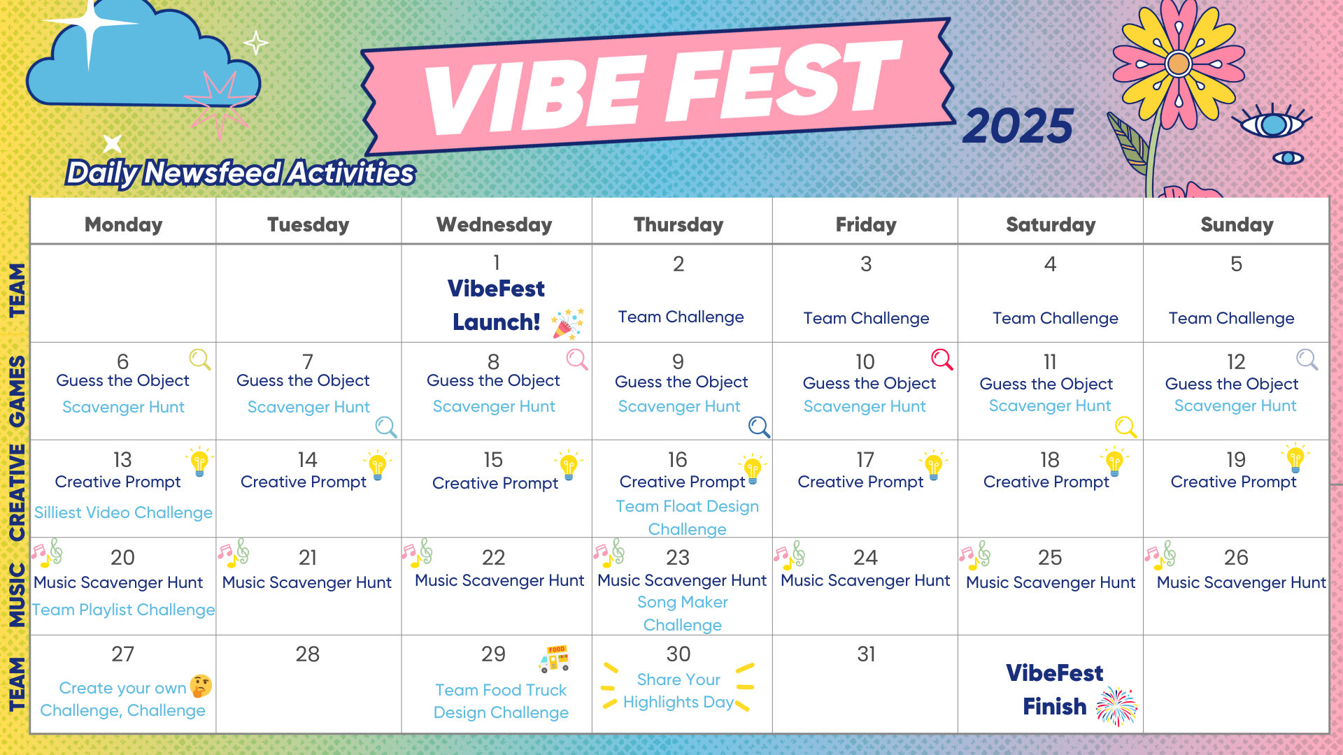 A rainbow calendar of the Daily Newsfeed Activities in VibeFest 2025