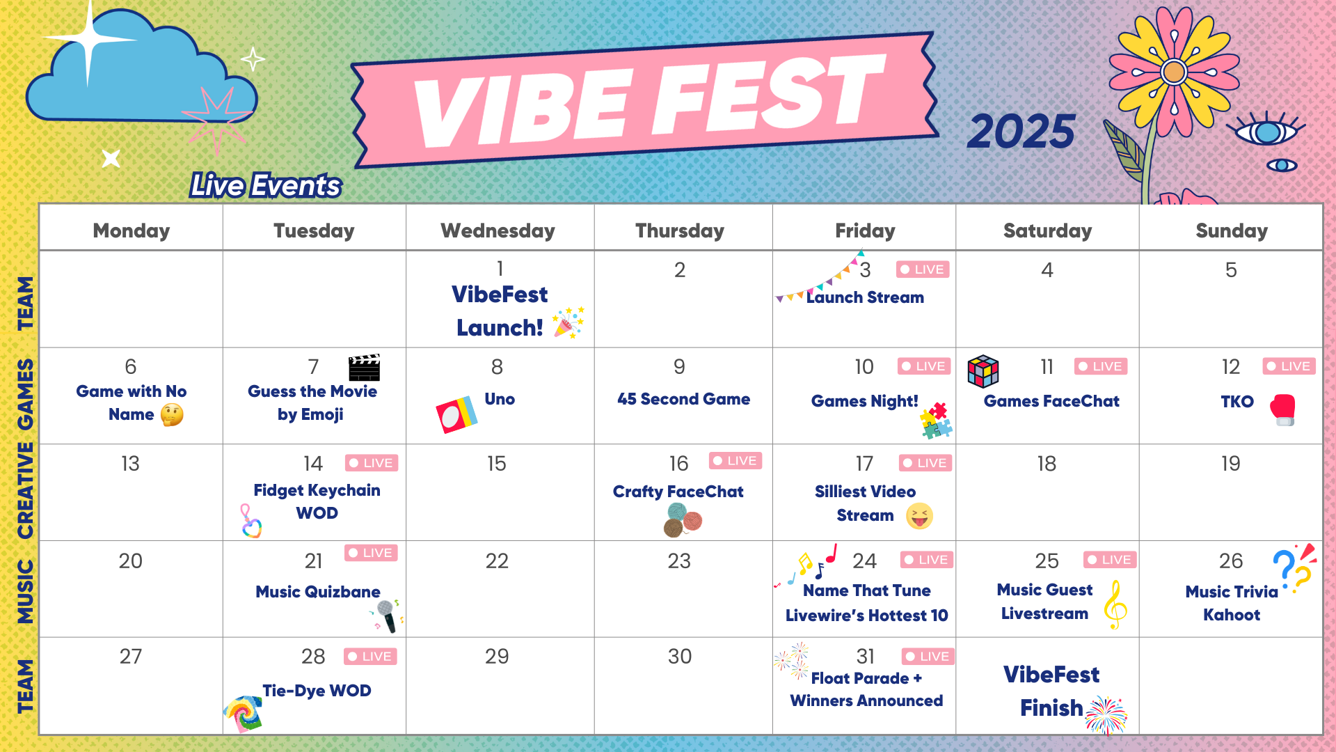 A Calendar of the livestreams in VibeFest 2025
