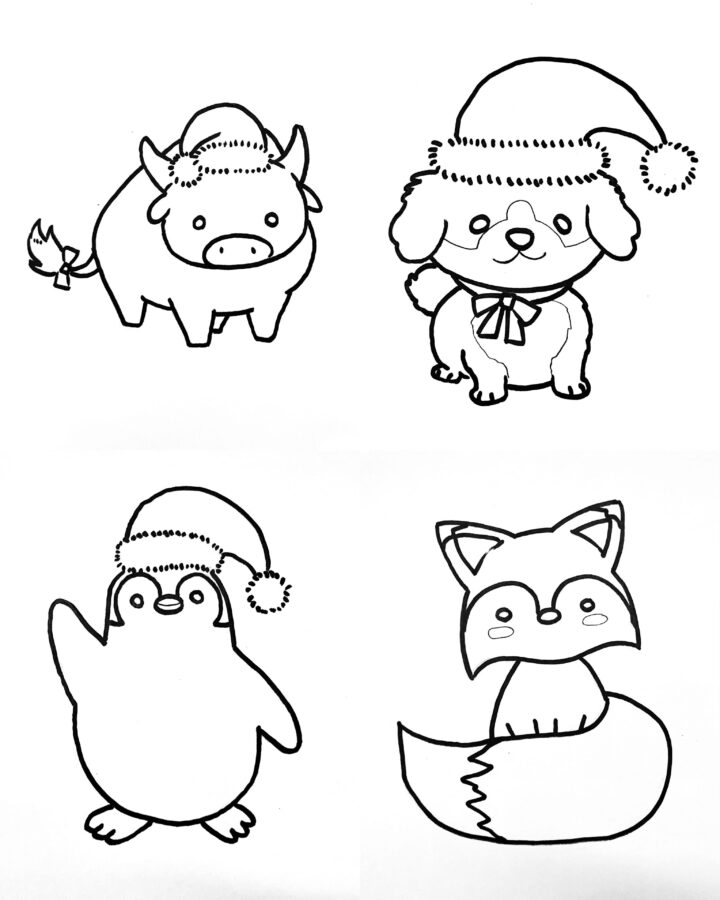 A colouring in sheet with cute animals wearing xmas hats