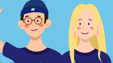 Cartoon image of two Livewire facilitators smiling, one has long blond hair and the other has a blue beanie